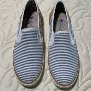 Blue and white loafers